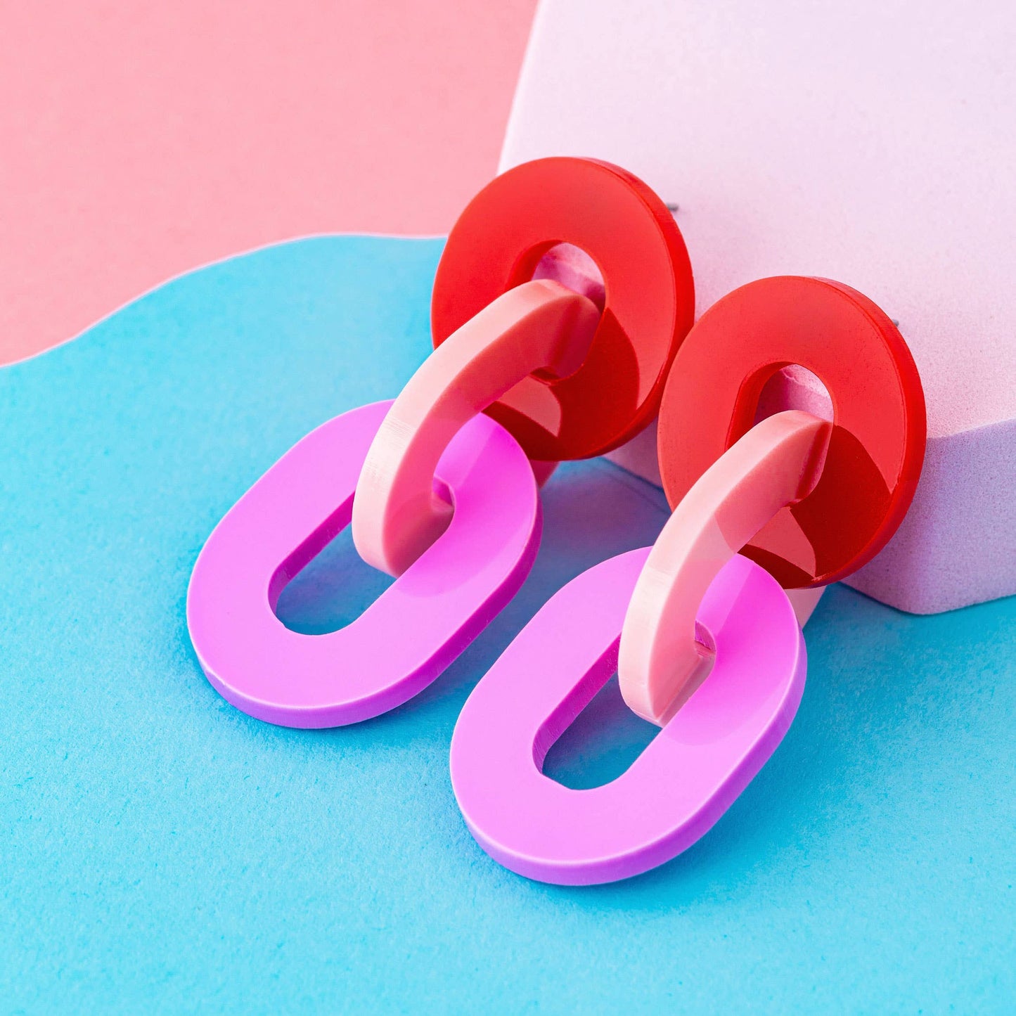 Colourful Statement Chain Link Earrings in Red and Pink