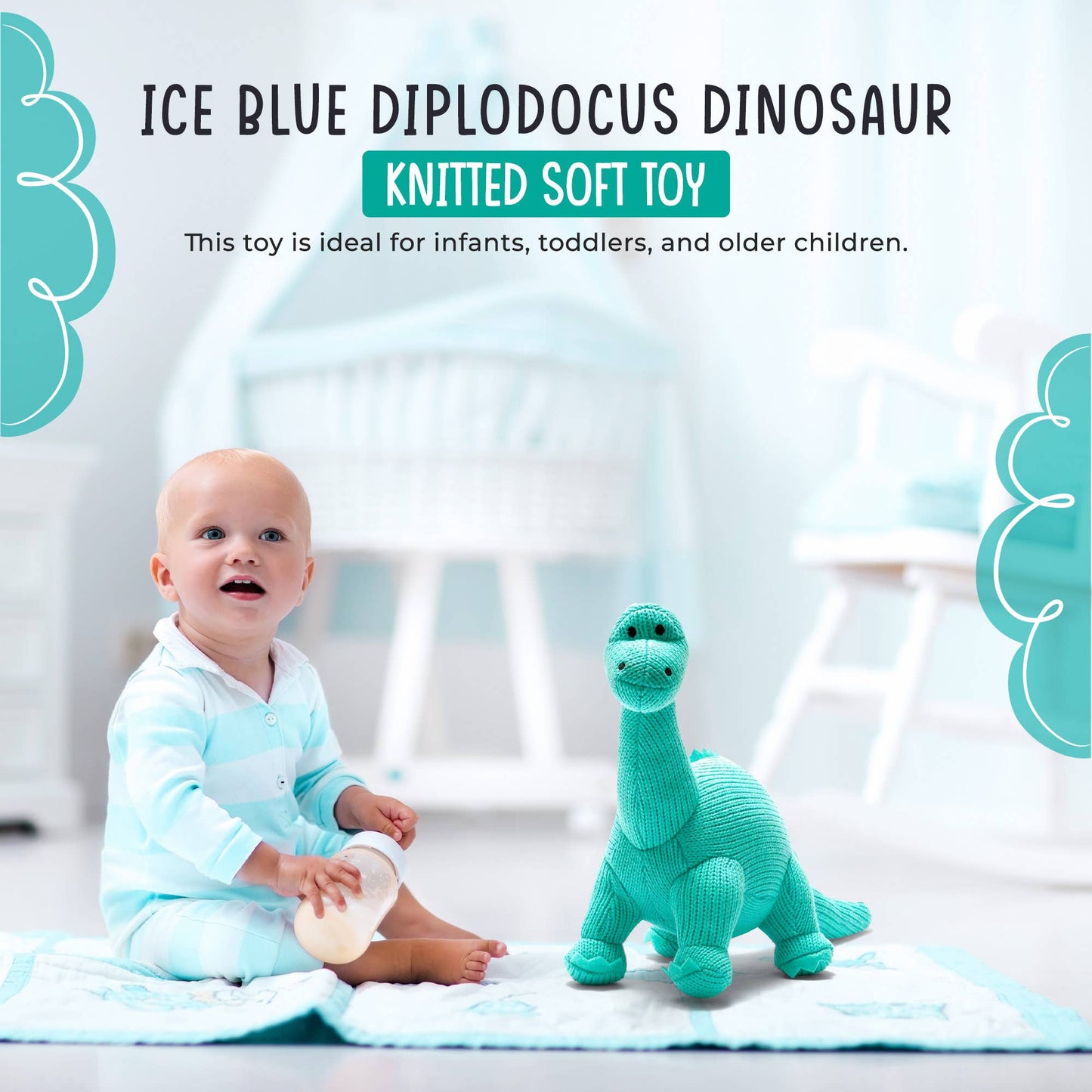 Knitted Diplodocus Dinosaur Plush Toy - Ice Blue