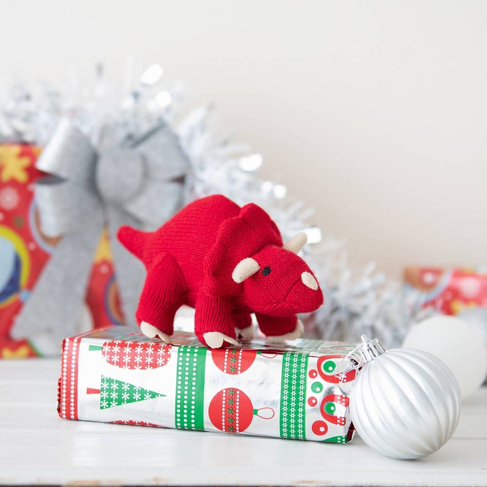 Triceratops Dinosaur Baby Rattle, Knitted Red Baby Toy