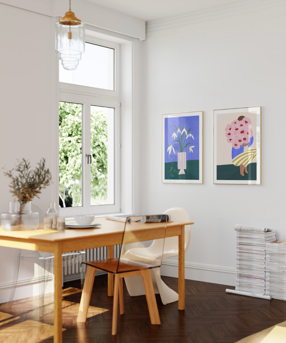 Woman with Bouquet of Flowers - Art Print: A3
