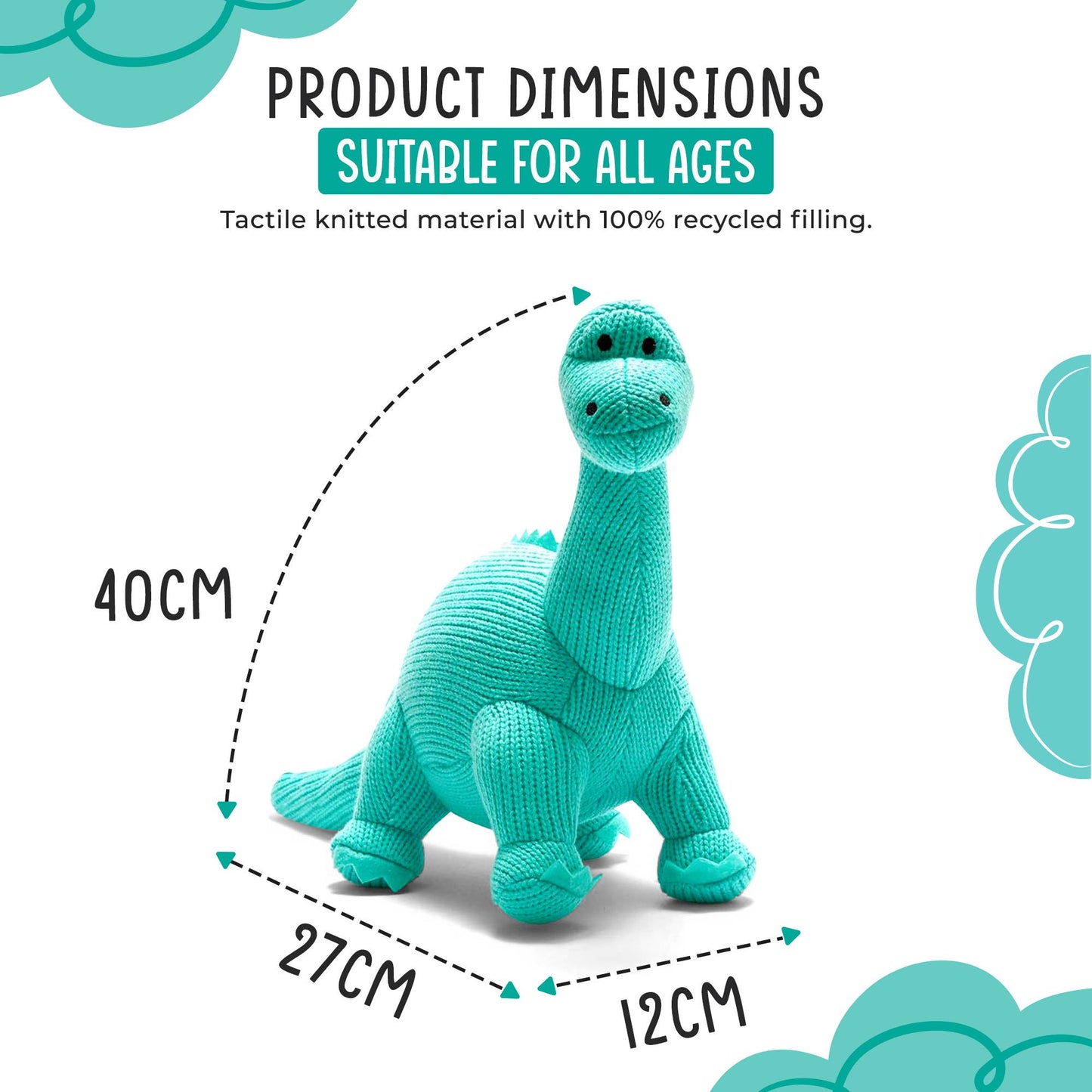 Knitted Diplodocus Dinosaur Plush Toy - Ice Blue