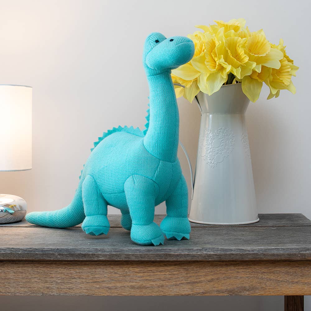 Knitted Diplodocus Dinosaur Plush Toy - Ice Blue