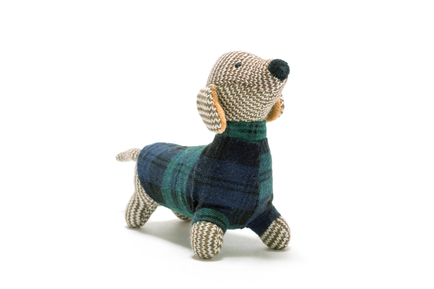 Knitted Sausage Dog Baby Rattle with Tartan Jumper