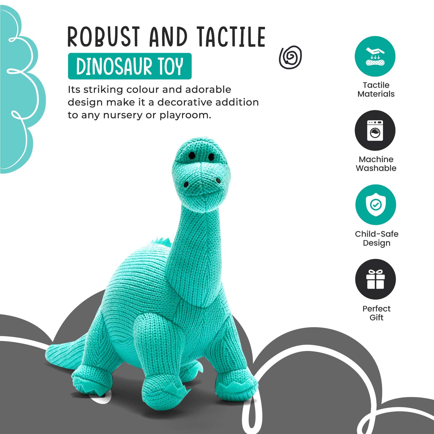 Knitted Diplodocus Dinosaur Plush Toy - Ice Blue