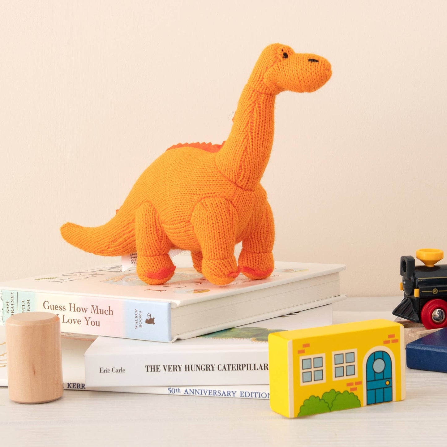 Knitted Orange Diplodocus Dinosaur Plush Toy