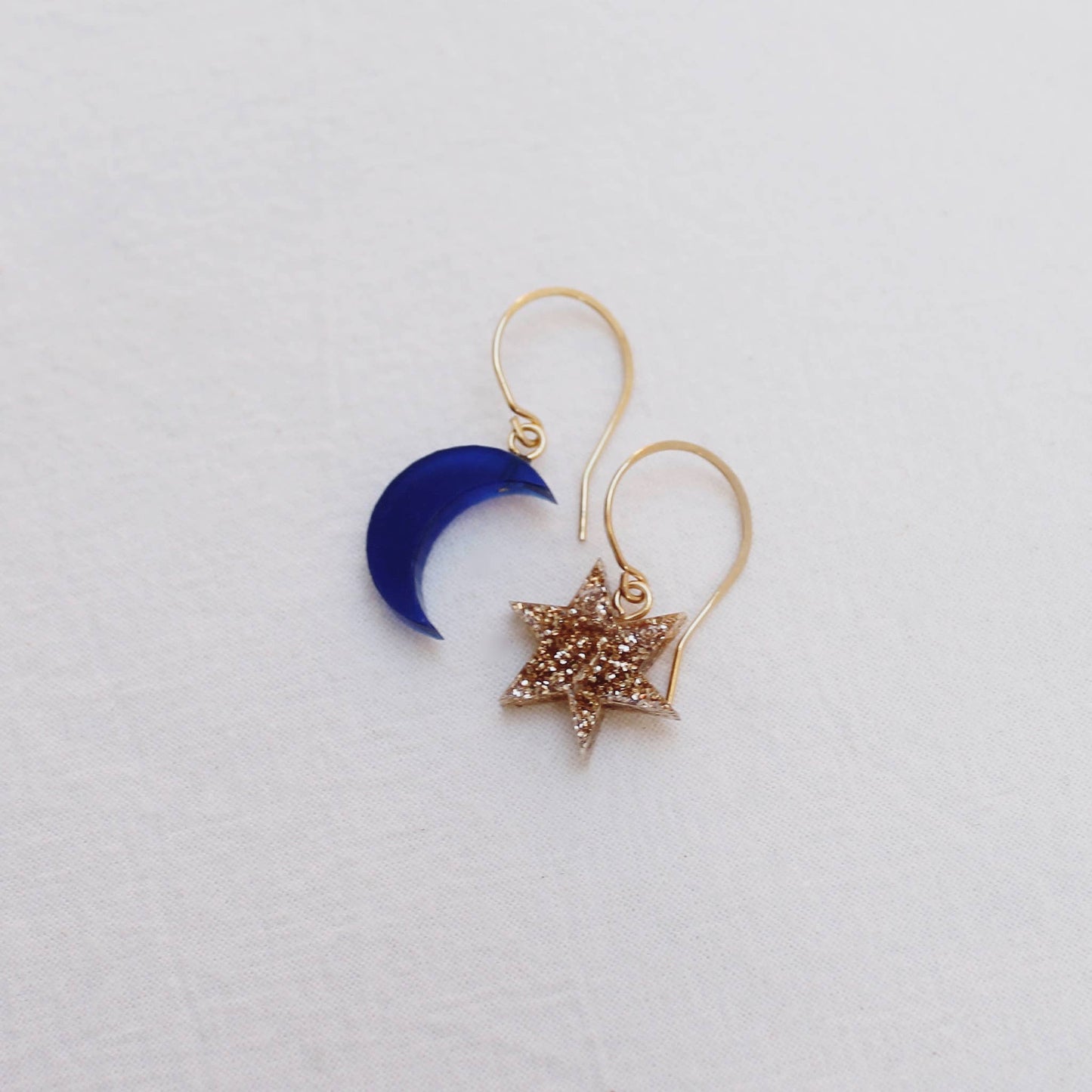 Perspex Moon And Star Earrings: Gold and green