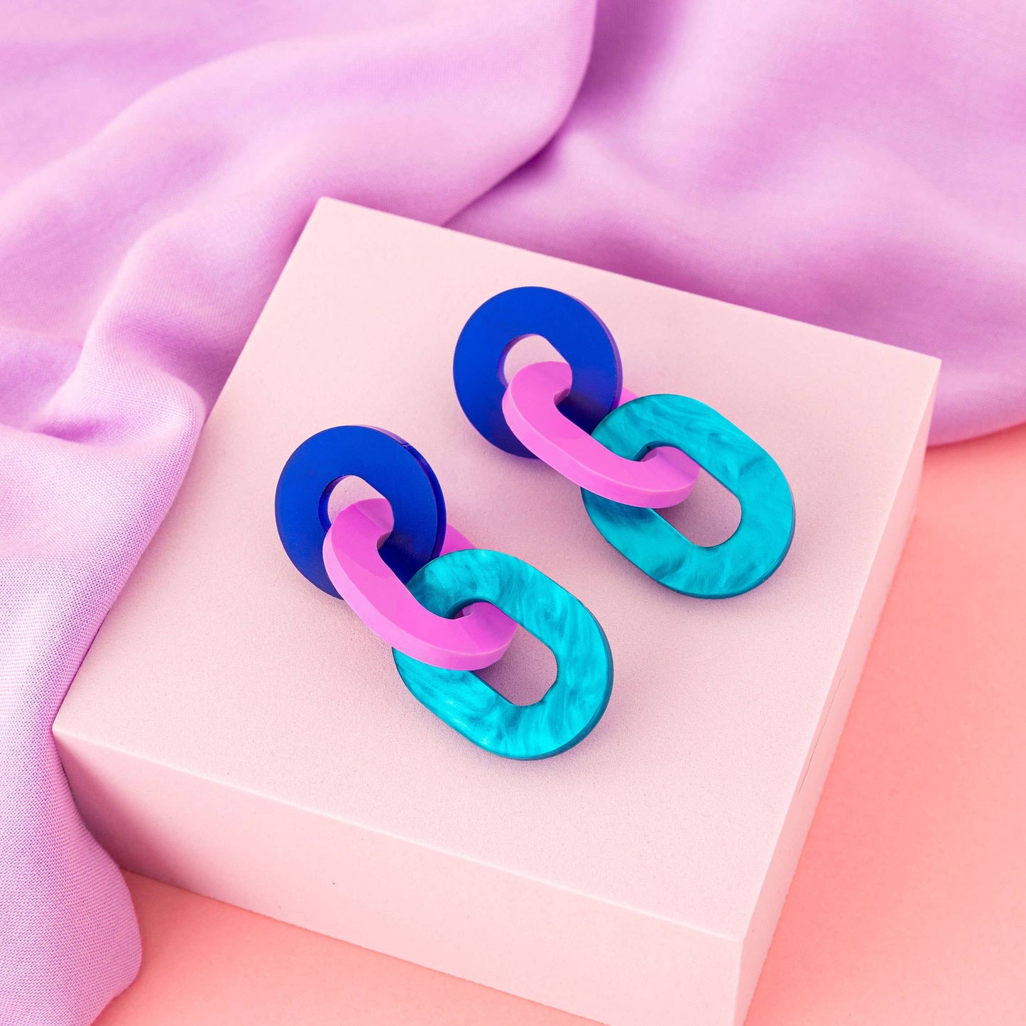 Colourful Statement Chain Link Earrings in Blue and Purple