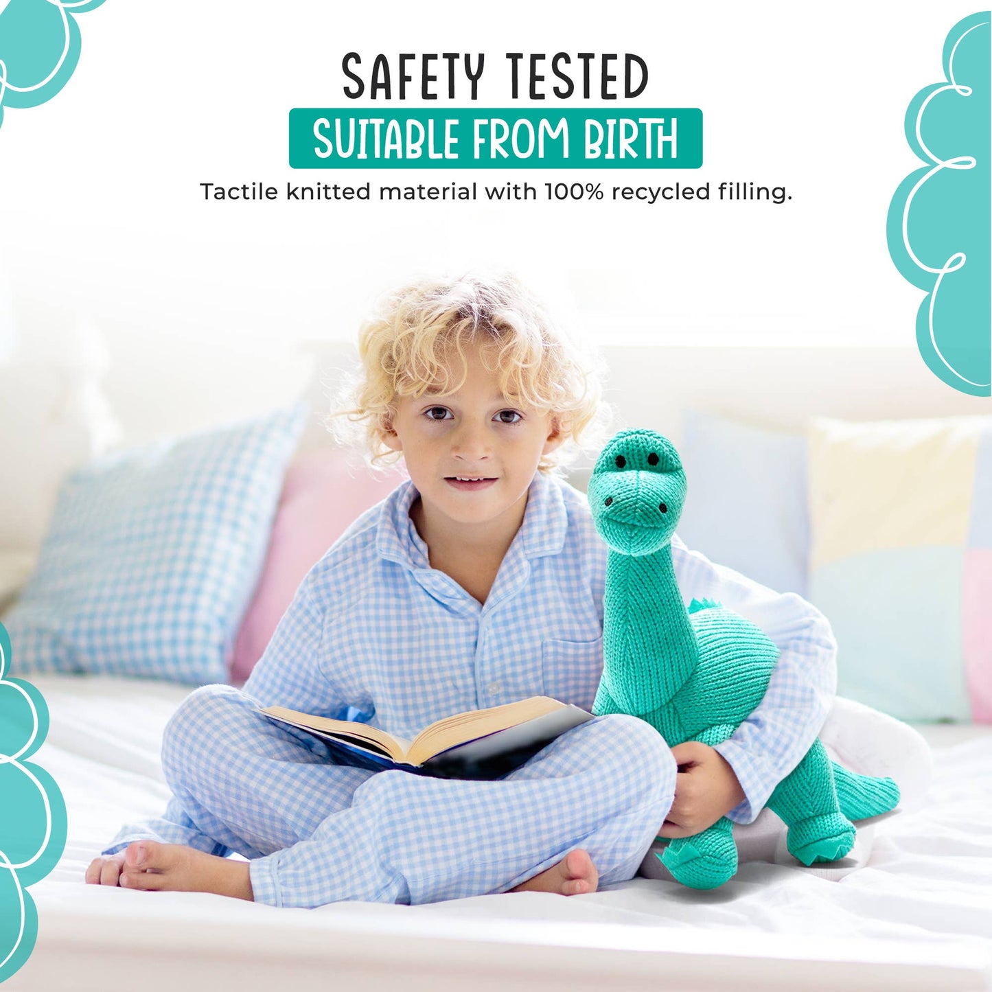 Knitted Diplodocus Dinosaur Plush Toy - Ice Blue