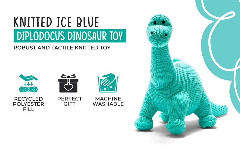 Knitted Diplodocus Dinosaur Plush Toy - Ice Blue