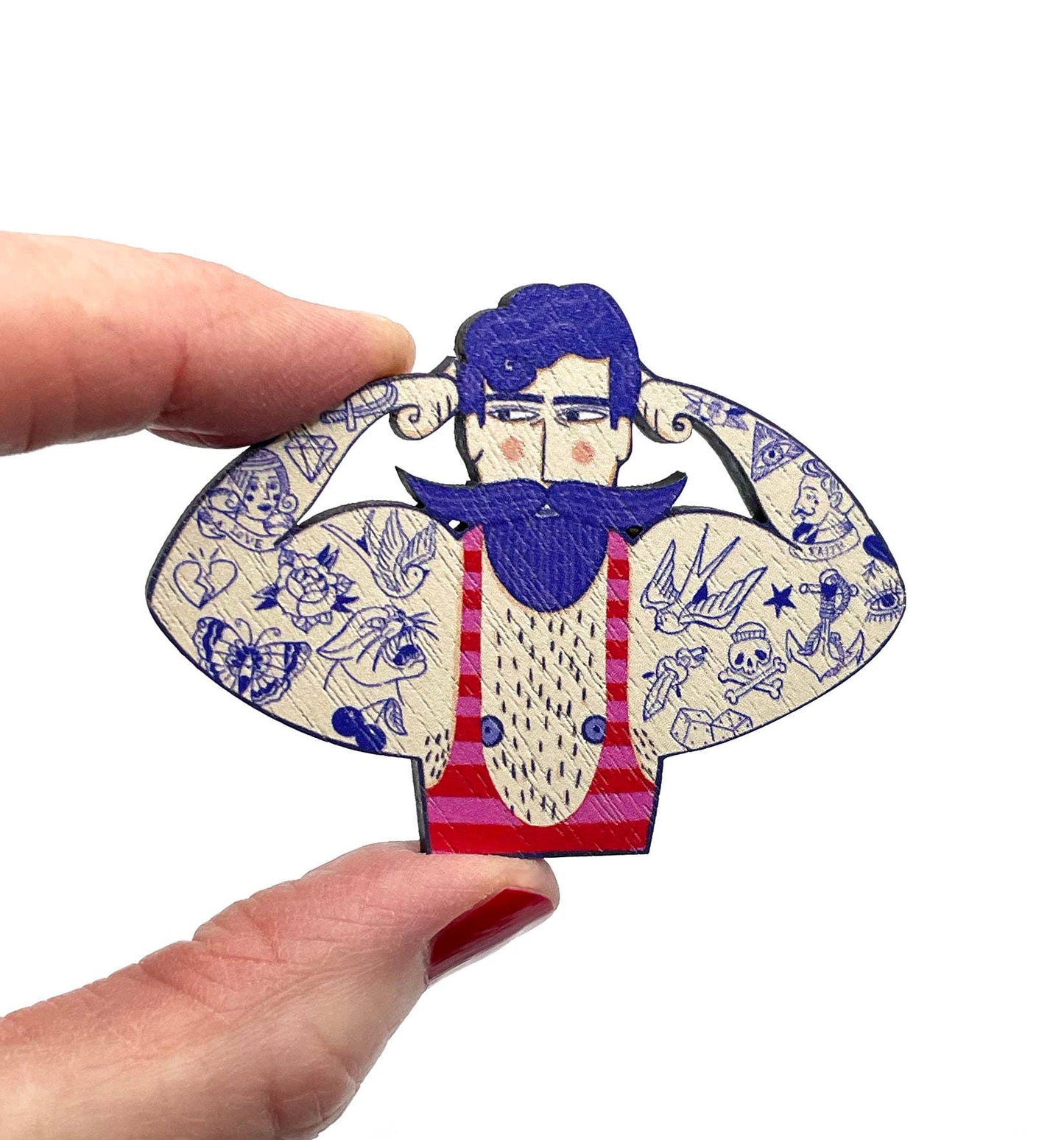 Vintage Style Circus Strongman Wooden Pin Brooch