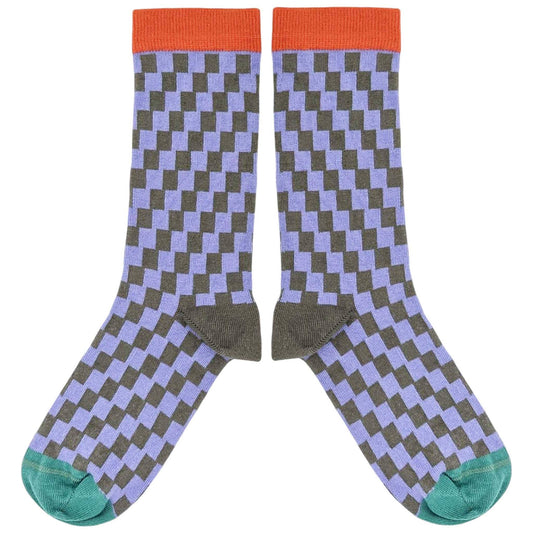 Women's Organic Cotton Crew Socks 2026: SMALL CHECK - LILAC/GREY / 4-7 UK / 6.5-9.5 US