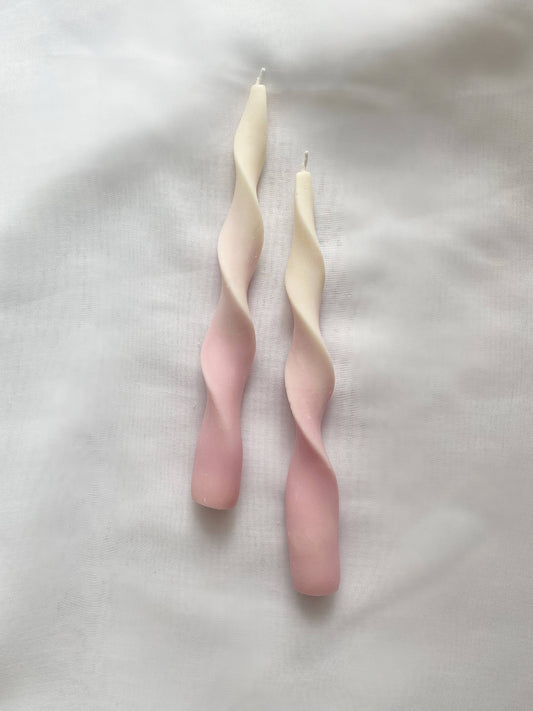 Strawberry Whip Ribbon Candle sticks set. Vegan, soy.
