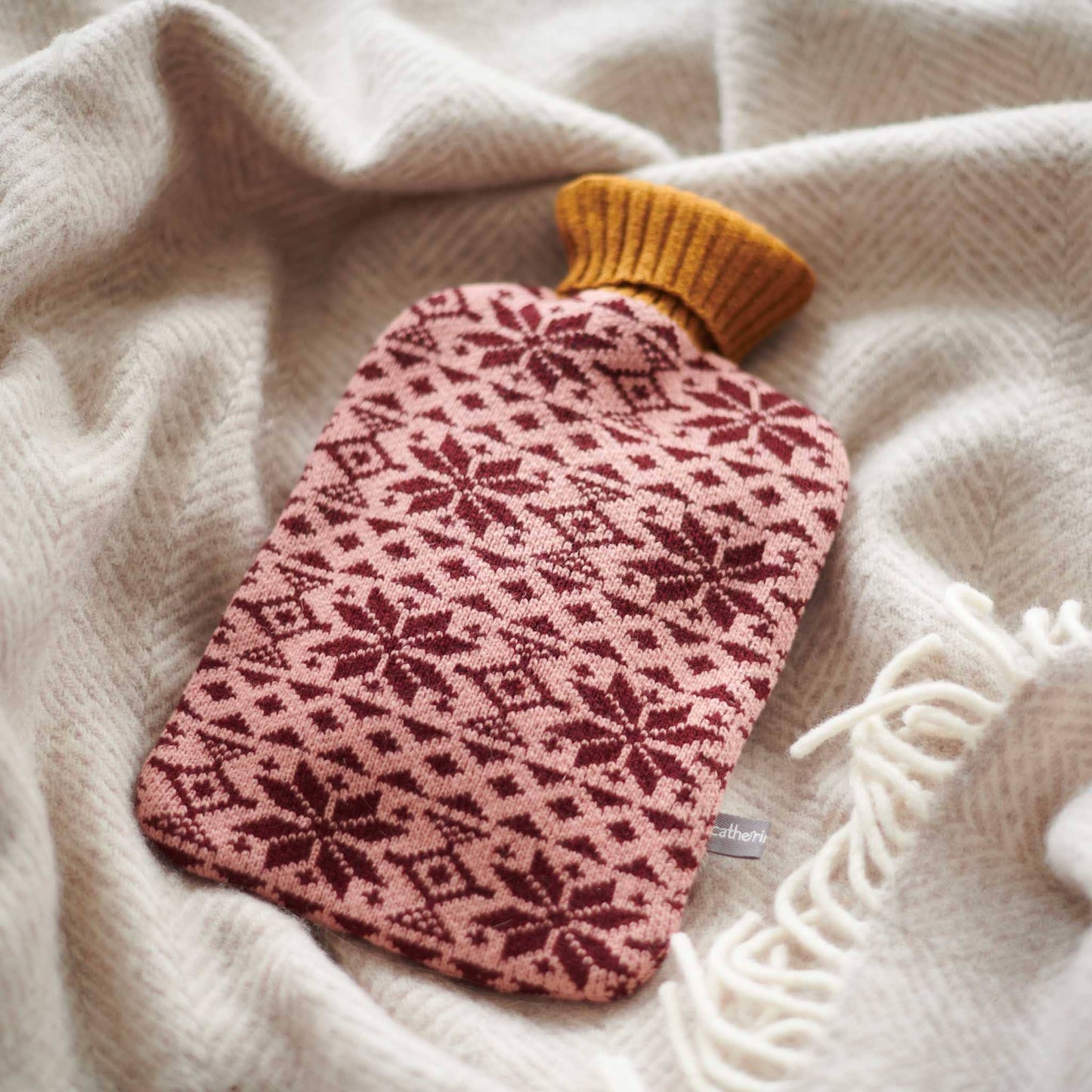 Lambswool Hot Water Bottle Covers & Bottles: BOTTLE & COVER - peach & mushroom stripe