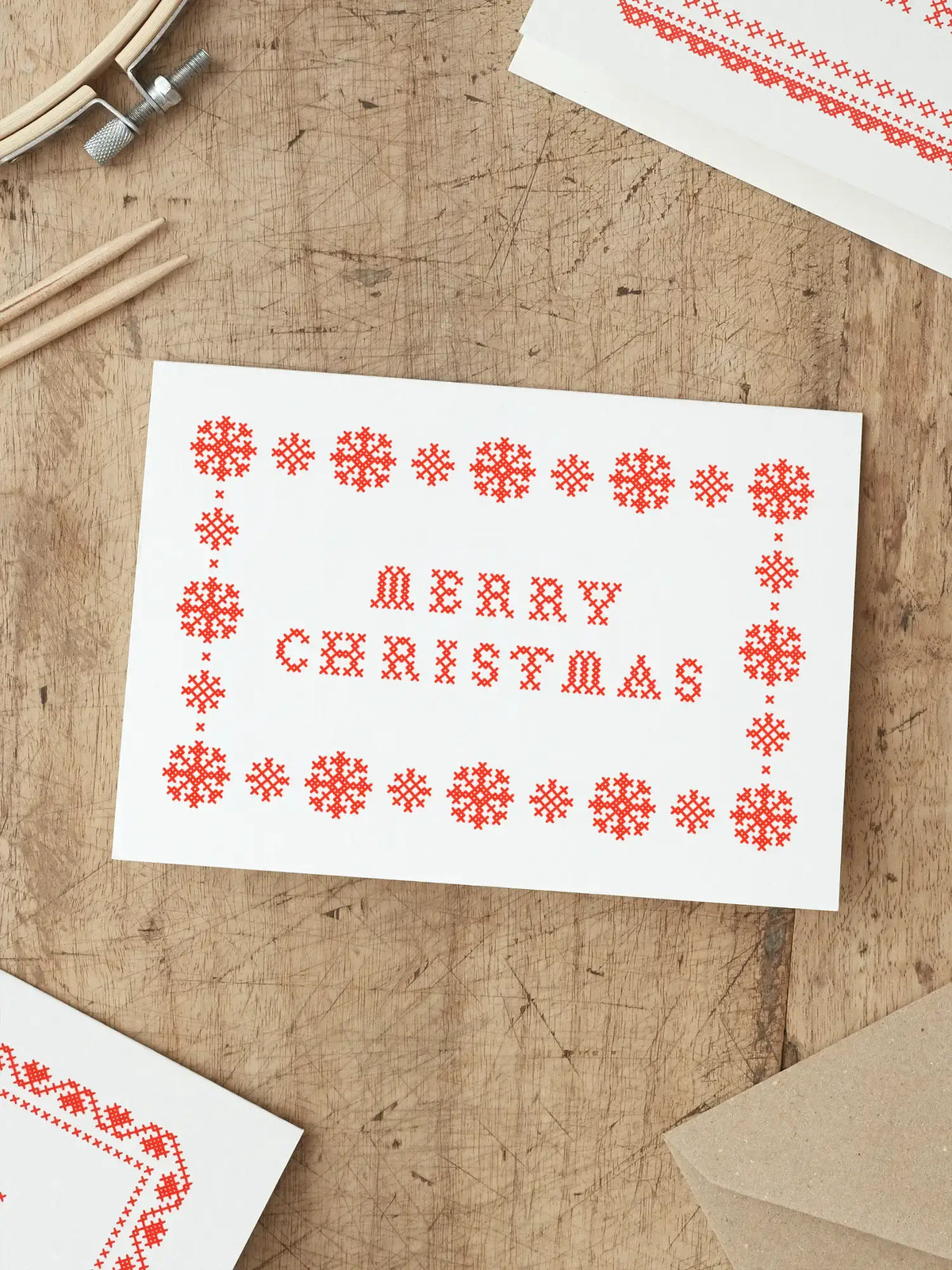 Merry Christmas Cross Stitch Card | Red | Screen Print: No (Naked)