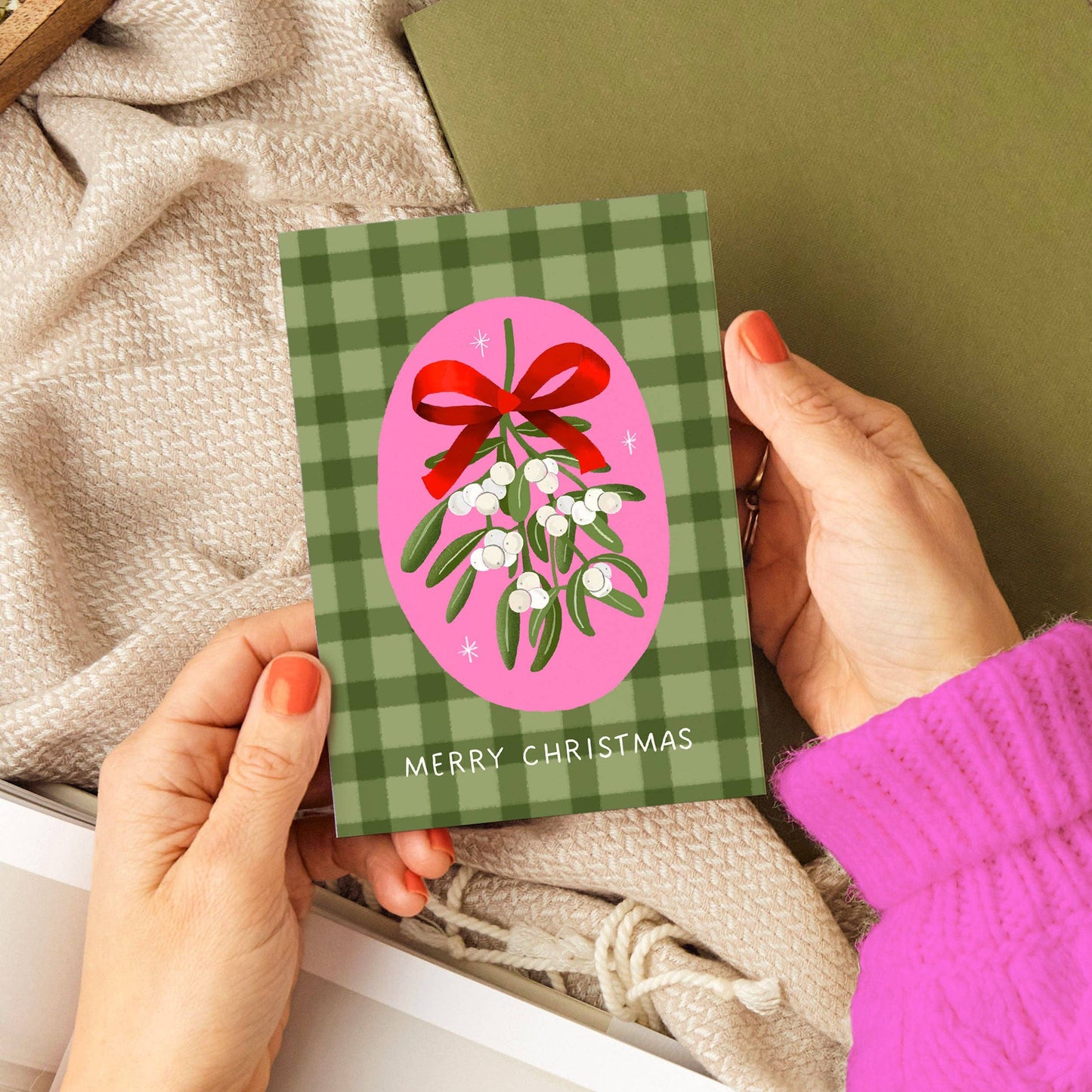 Mistletoe + Ribbon Christmas Card | Green Gingham