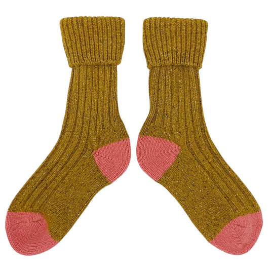 Unisex Recycled Silk Blend Ribbed Socks: Mustard/pink - med