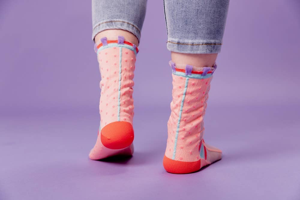 Grids with Polka Dots Sheer Socks - Light Pink