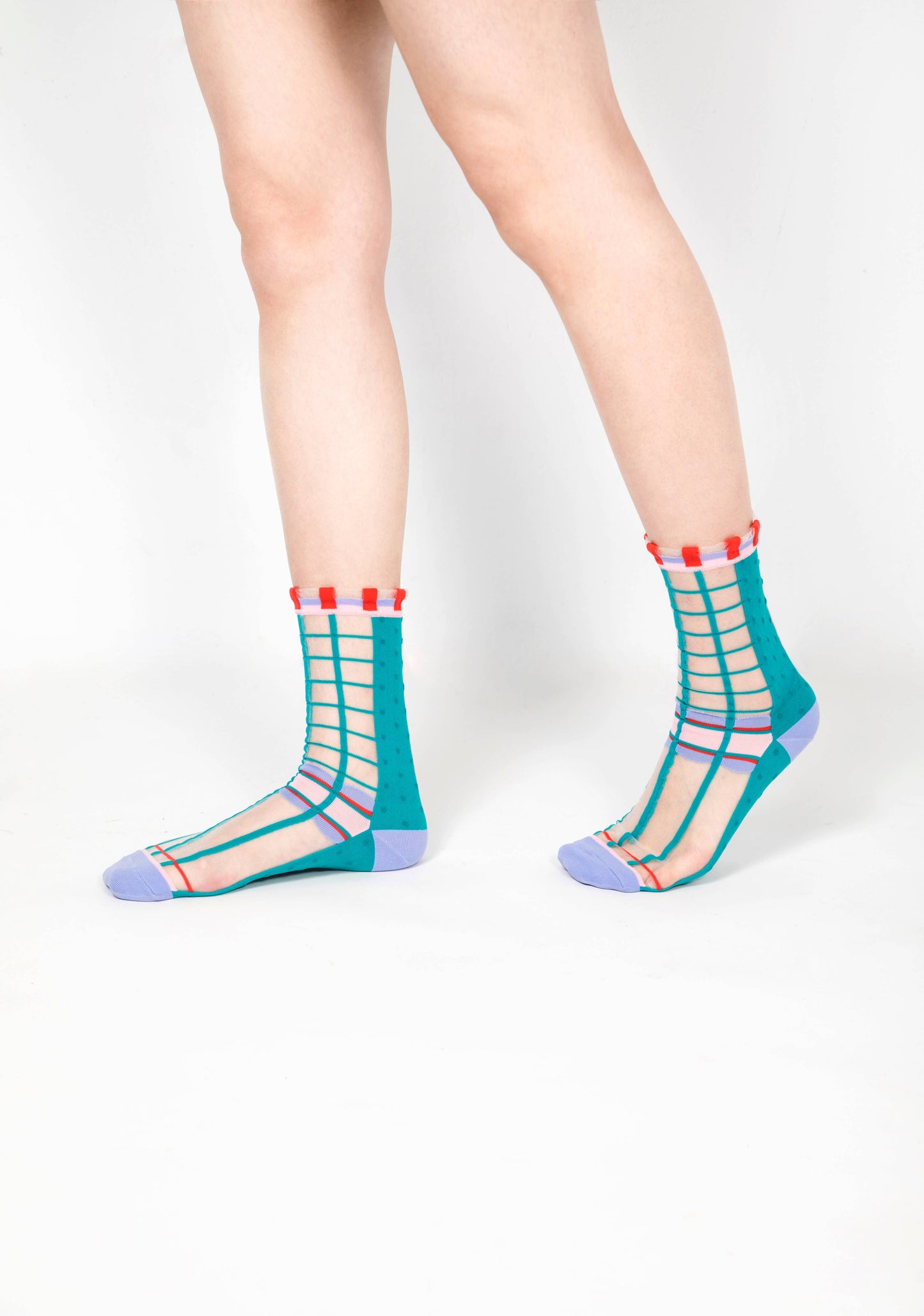 Grids with Polka Dots Sheer Socks - Teal green
