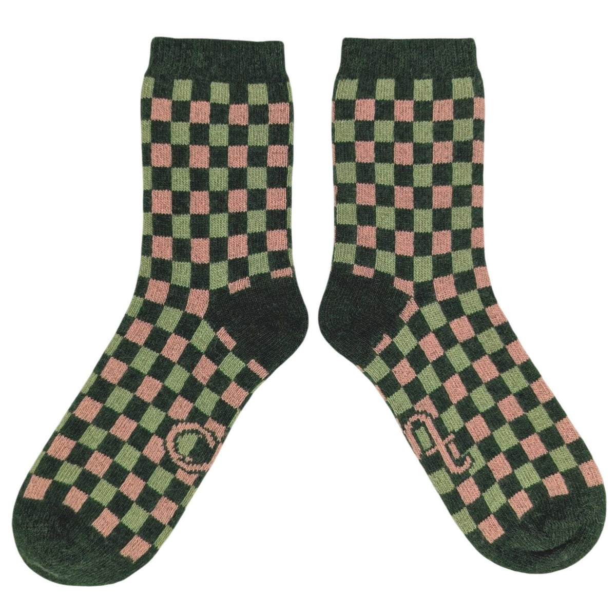 Women's Lambswool Ankle Socks 2026: SQUARES - GREEN / PINK
