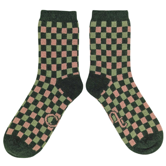 Women's Lambswool Ankle Socks 2026: SQUARES - GREEN / PINK