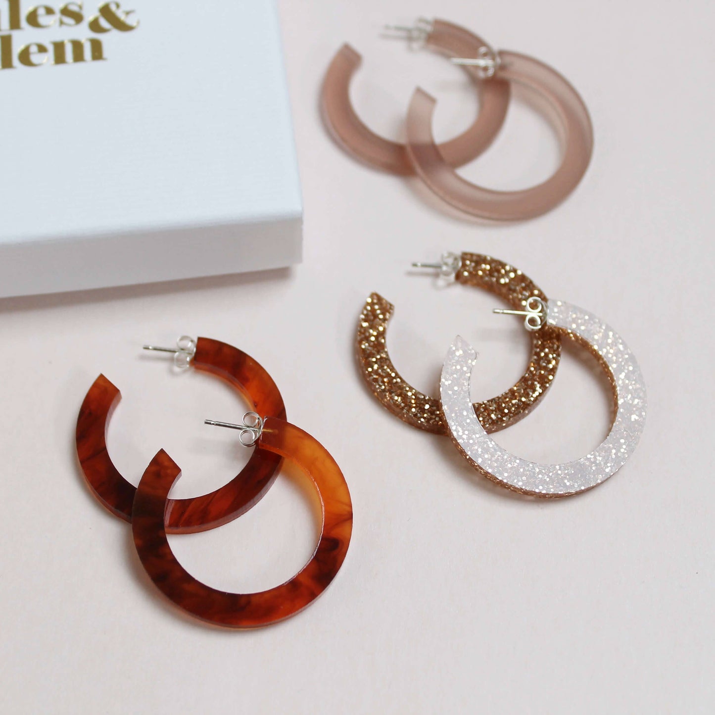 Perspex Colourful Hoop Earrings: Gold glitter