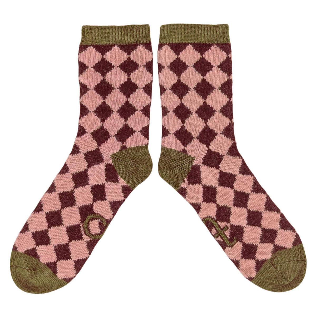 Women's Lambswool Ankle Socks 2026: DIAMONDS - PINK / RED
