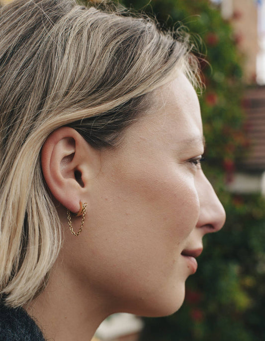 Gold Chain Huggie Flat Hoop Earrings, Waterproof