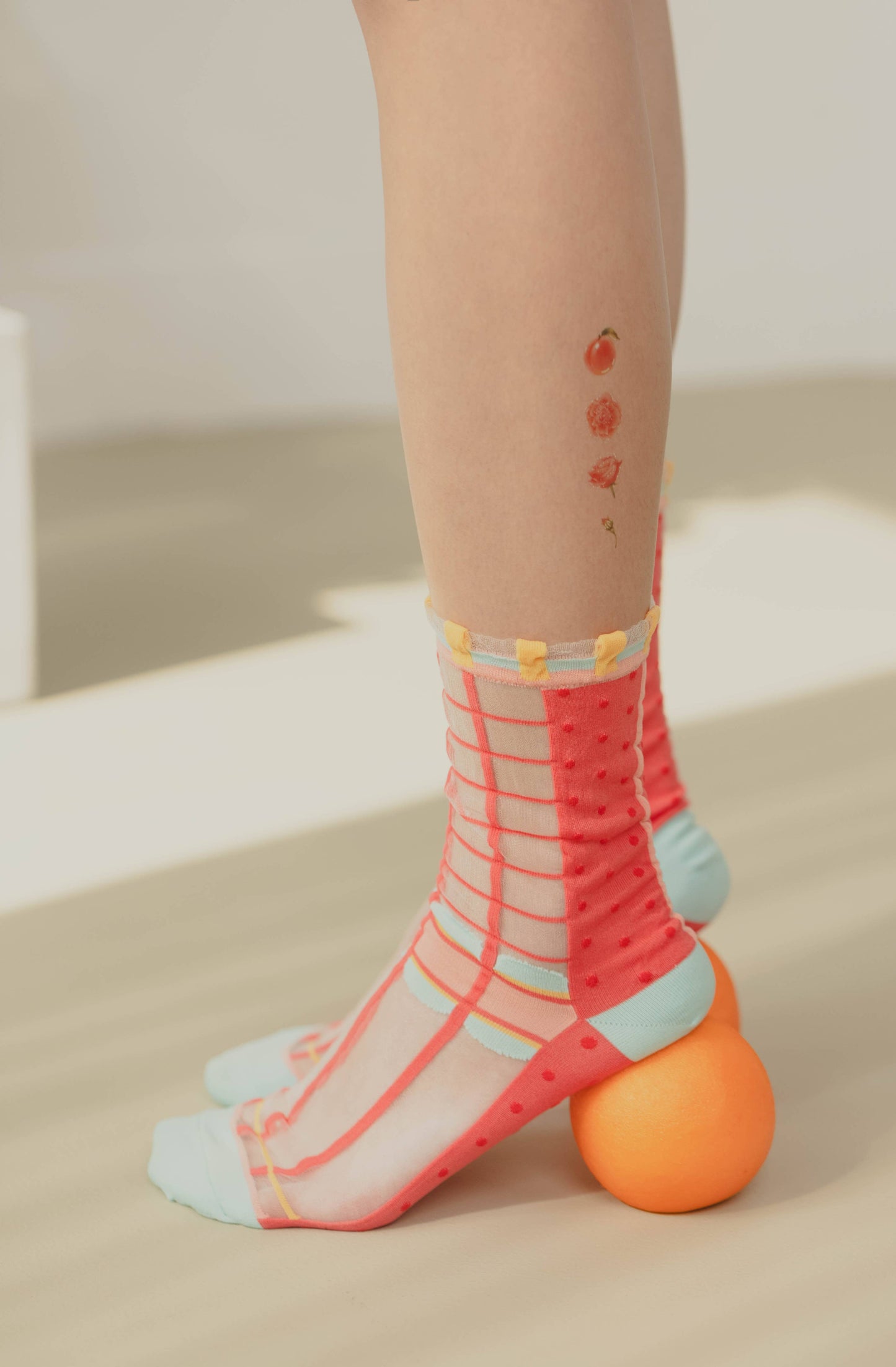 Grids with Polka Dots Sheer Socks - watermelon pink