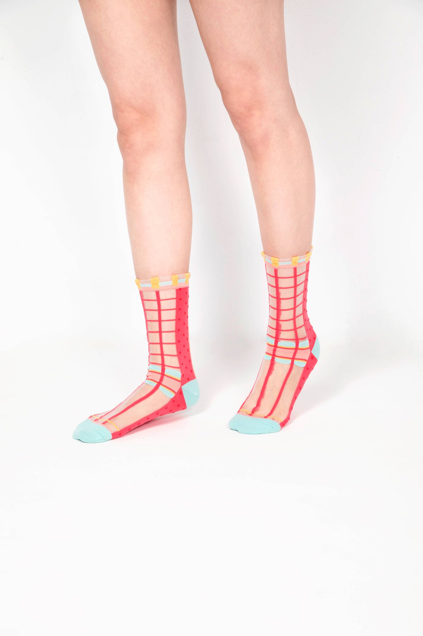 Grids with Polka Dots Sheer Socks - watermelon pink