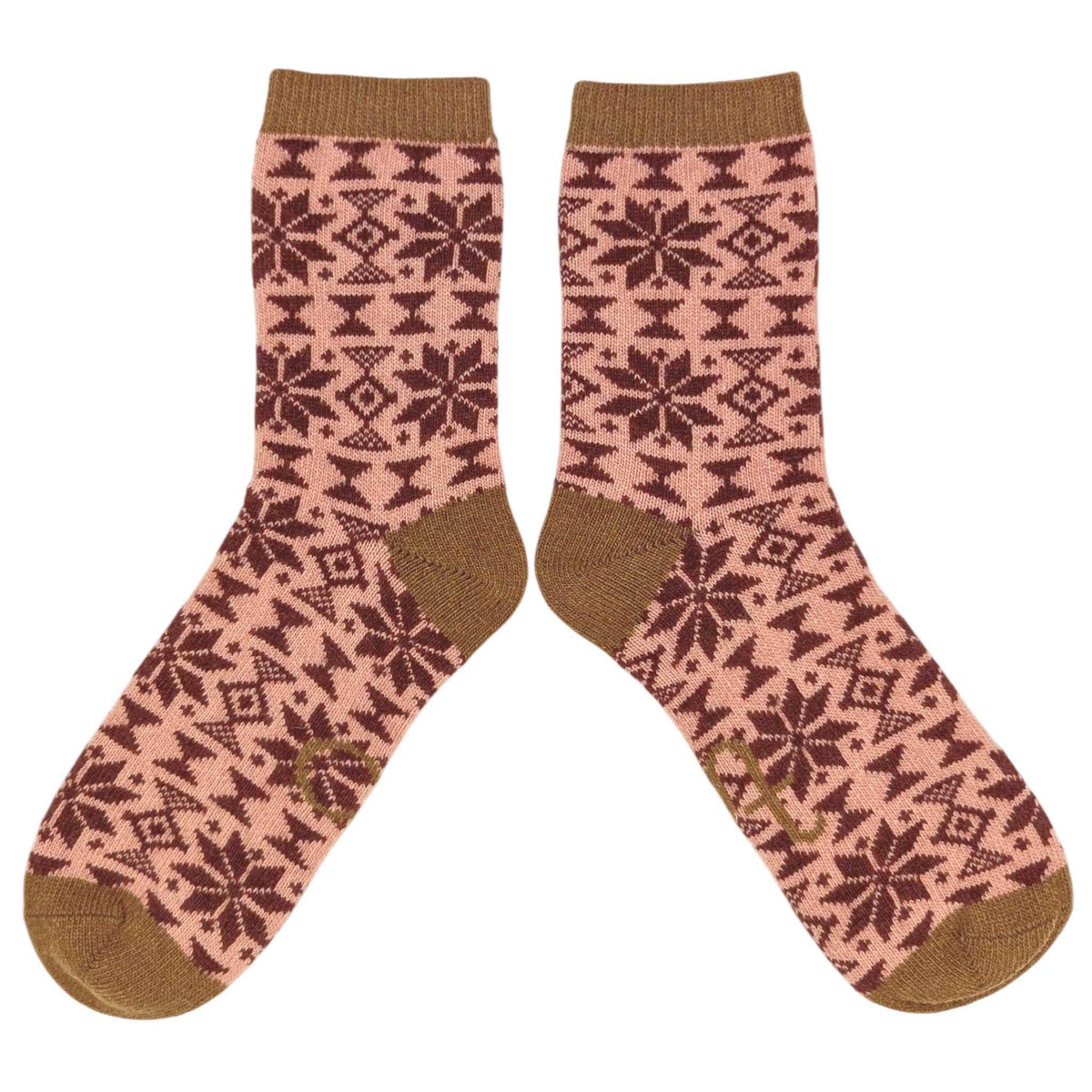 Women's Lambswool Ankle Socks 2026: SQUARES - GREEN / PINK