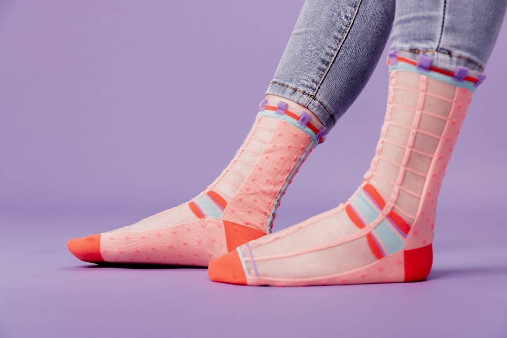 Grids with Polka Dots Sheer Socks - Light Pink