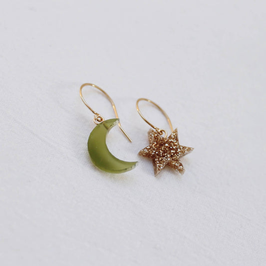Perspex Moon And Star Earrings: Gold and green