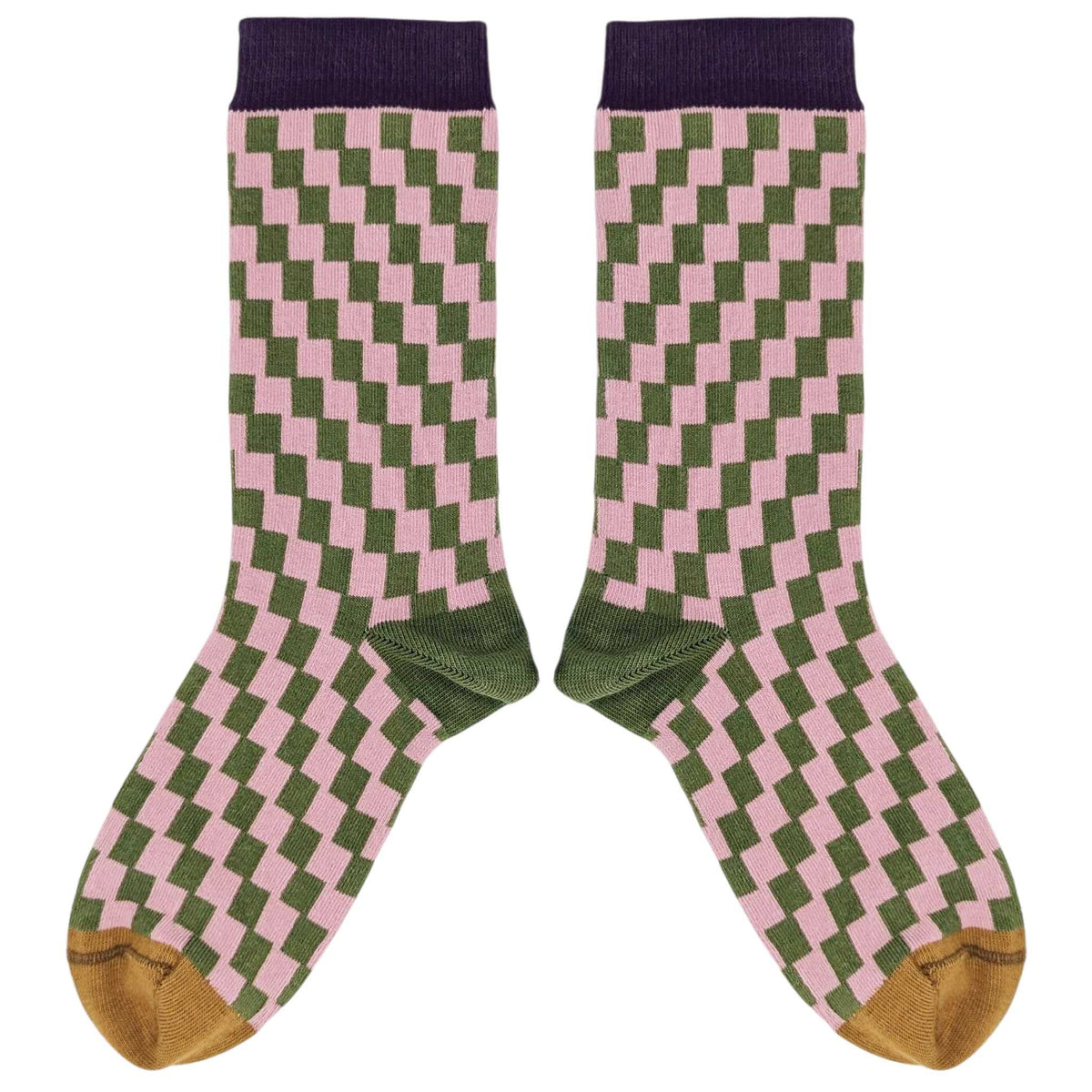 Women's Organic Cotton Crew Socks 2026: SMALL CHECK - LILAC/GREY / 4-7 UK / 6.5-9.5 US