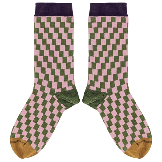 Women's Organic Cotton Crew Socks 2026: SMALL CHECK - LIGHT PINK/KHAKI / 4-7 UK / 6.5-9.5 US