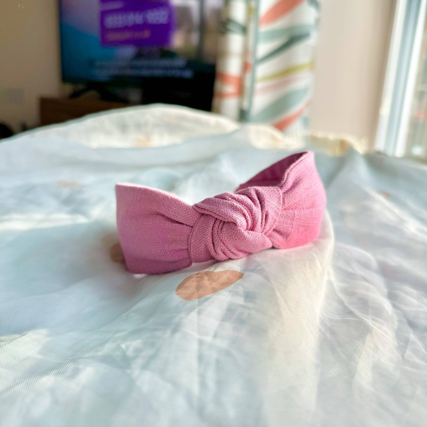 Knot Headband - Pink Linen - Fabric Hairband for Women