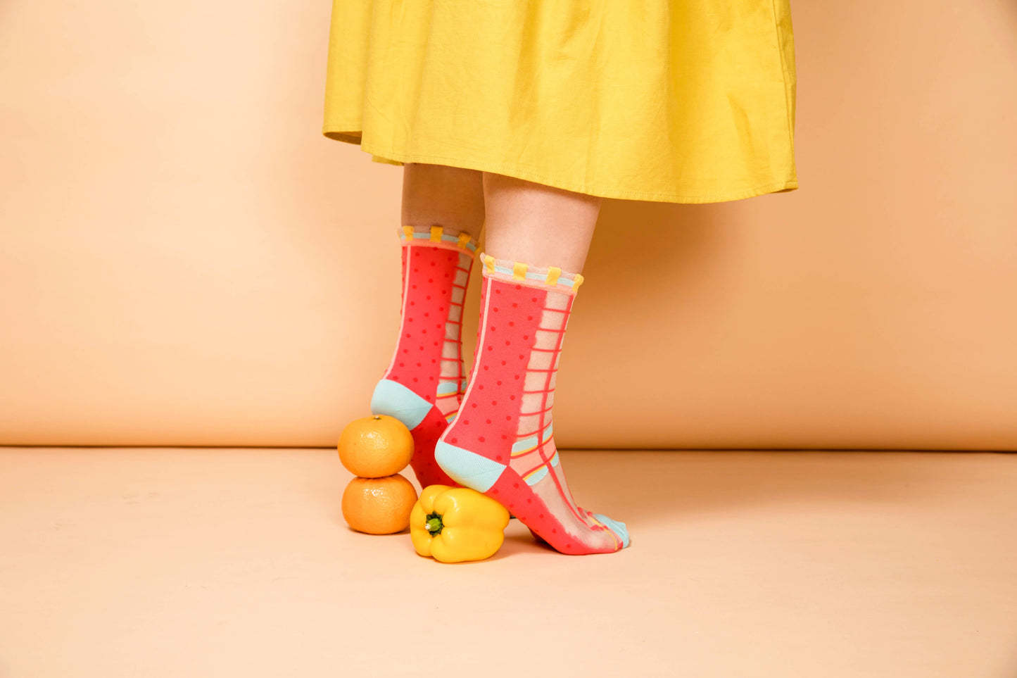 Grids with Polka Dots Sheer Socks - watermelon pink