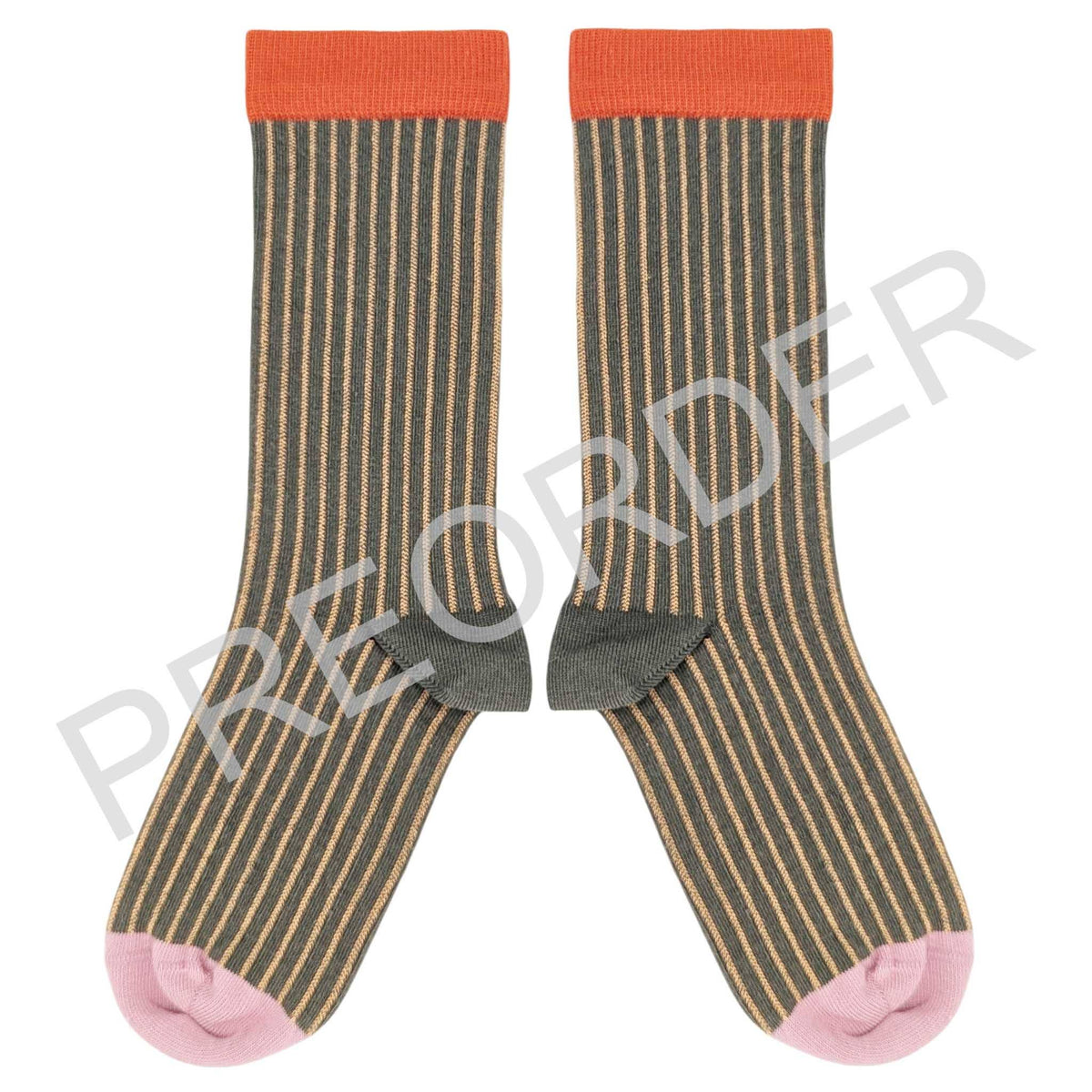Women's Organic Cotton Crew Socks 2026: PINSTRIPE - DARK GREY/PEACH / 4-7 UK / 6.5-9.5 US