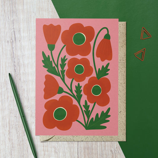 Corn Poppy | Modern-Retro Floral Reusable Greeting Card: Naked