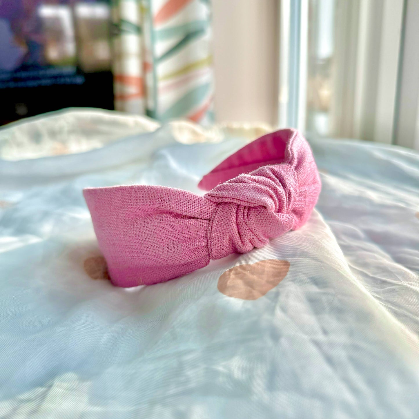 Knot Headband - Pink Linen - Fabric Hairband for Women