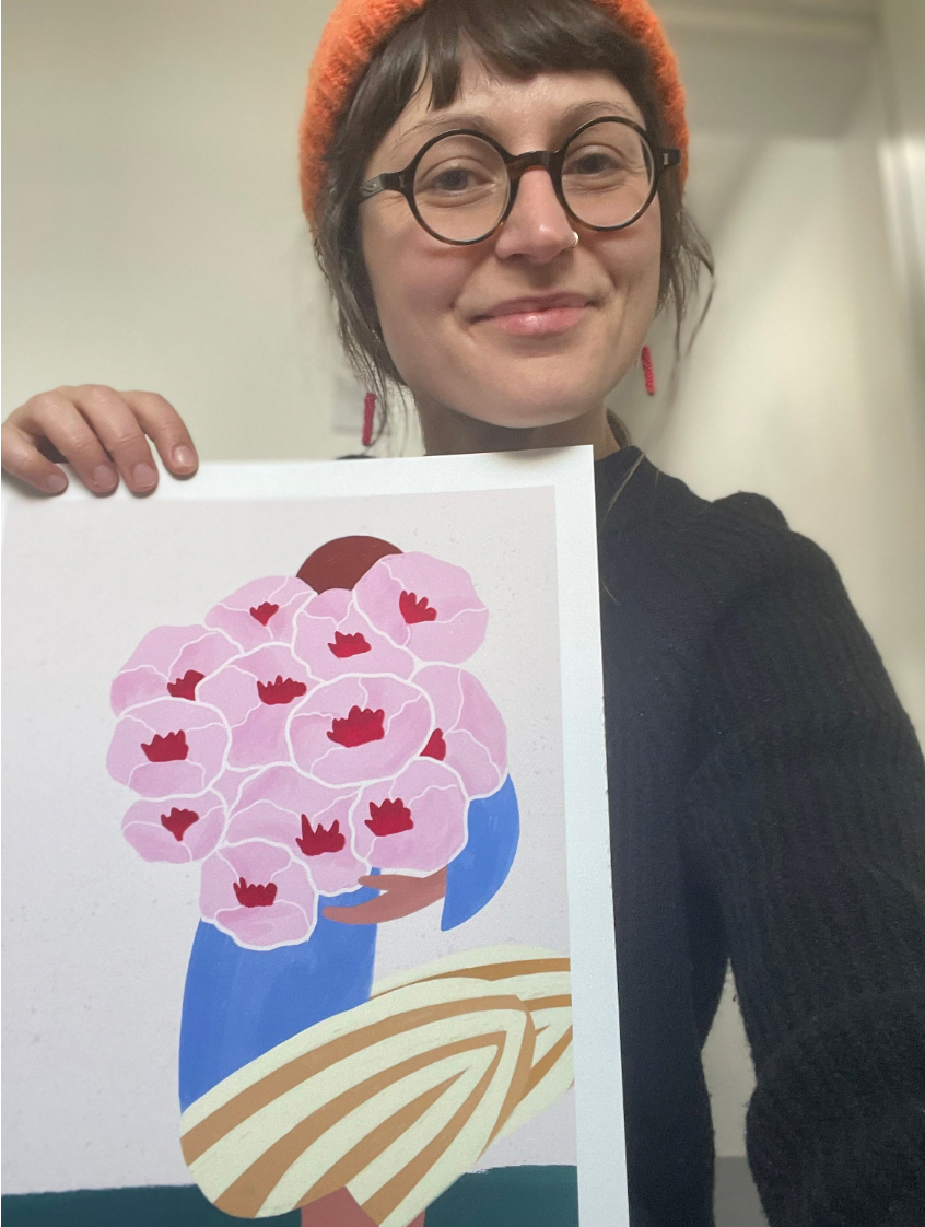Woman with Bouquet of Flowers - Art Print: A3