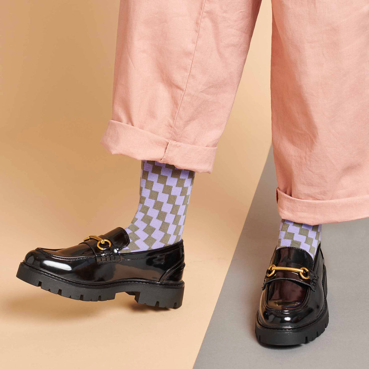 Women's Organic Cotton Crew Socks 2026: SMALL CHECK - LILAC/GREY / 4-7 UK / 6.5-9.5 US