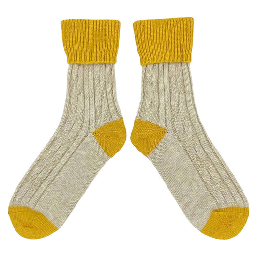 Cashmere Blend Slouch Socks: Oatmeal & yellow - MED